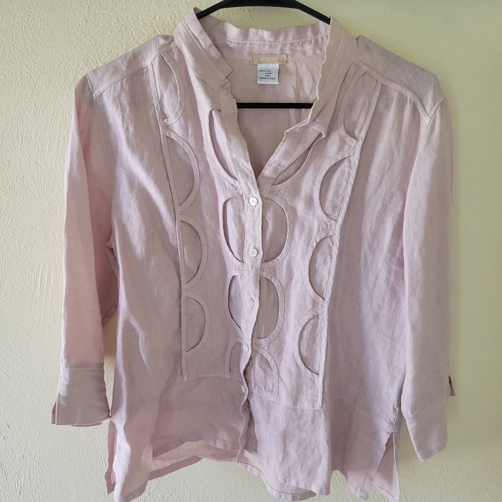 Rosso35 Pastel Pink Button-Up Linen Top M Geometric Patchwork Spring Layer VTG